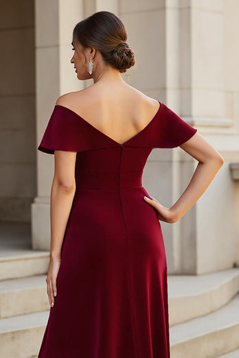 A Line Burgundy V-Neck Satin Mother of the Bride Dress with Ruffles