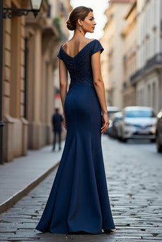 Sparkly Navy Mermaid Off the Shoulder Long Mother of the Bride Dress
