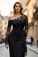 Load image into Gallery viewer, Black Sheath One Shoulder Ruched Long Sleeves Mother of the Bride Dress