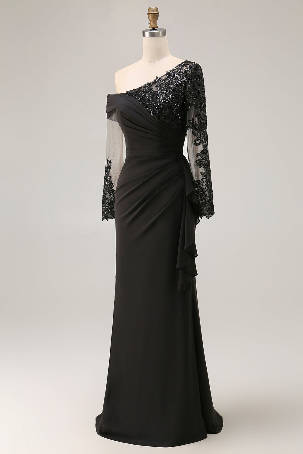 Black One Shoulder Ruched Long Sleeves Mother of the Bride Dress with Appliques