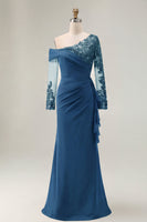Load image into Gallery viewer, Black One Shoulder Ruched Long Sleeves Mother of the Bride Dress with Appliques
