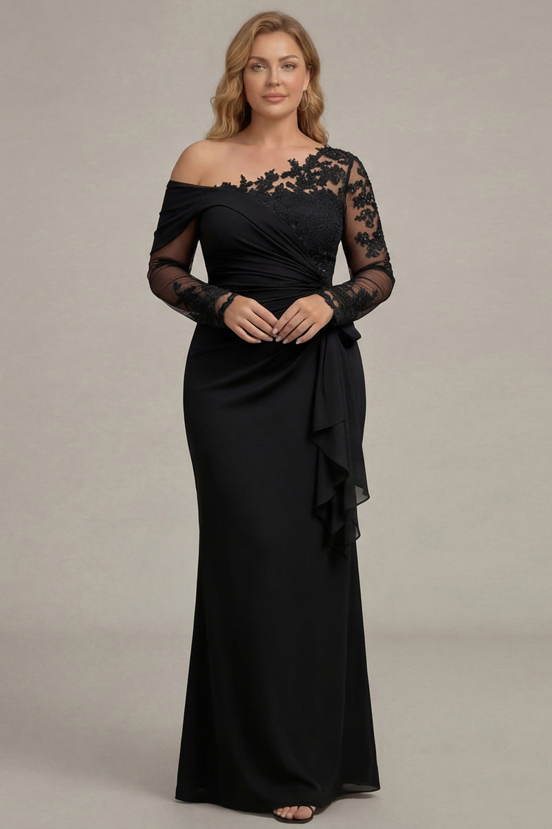 Load image into Gallery viewer, Black Sheath One Shoulder Ruched Long Sleeves Mother of the Bride Dress