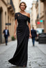 Load image into Gallery viewer, Black Sheath One Shoulder Ruched Mother of the Bride Dress with Appliques