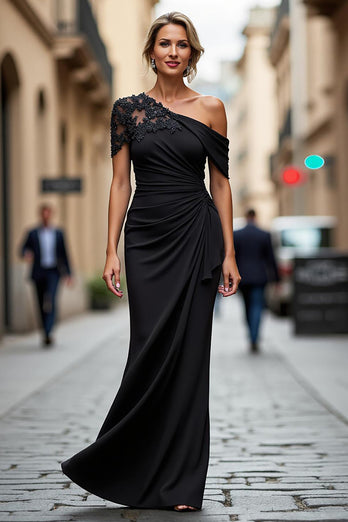 Black Sheath One Shoulder Ruched Mother of the Bride Dress with Appliques