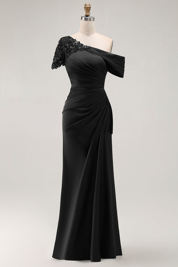 Plum Sheath One Shoulder Ruched Long Mother of the Bride Dress with Appliques