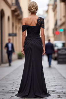 Black Sheath Ruched One Shoulder Long Mother of the Bride Dress with Appliques