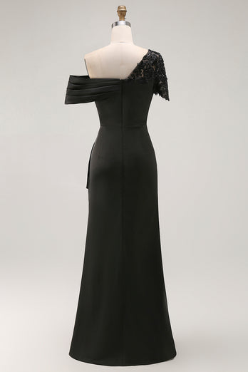 Plum Sheath One Shoulder Ruched Long Mother of the Bride Dress with Appliques