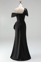 Load image into Gallery viewer, Black Sheath Ruched One Shoulder Long Mother of the Bride Dress with Appliques
