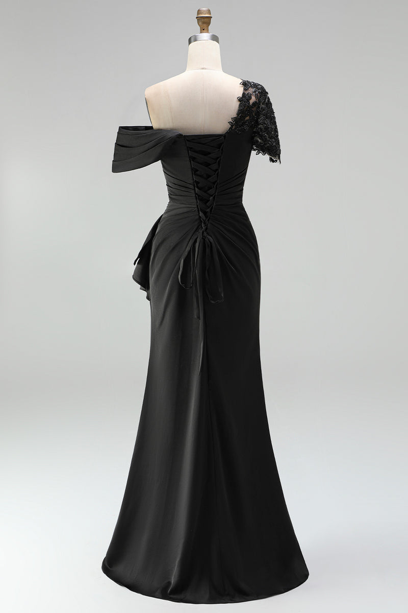 Load image into Gallery viewer, Plum Sheath One Shoulder Ruched Long Mother of the Bride Dress with Appliques
