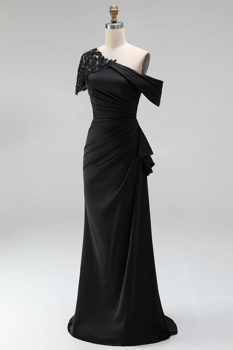 Load image into Gallery viewer, Plus Size Black One Shoulder Ruched Sheath Long Mother of the Bride Dress with Appliques
