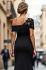 Load image into Gallery viewer, Black Sheath One Shoulder Ruched Mother of the Bride Dress with Appliques