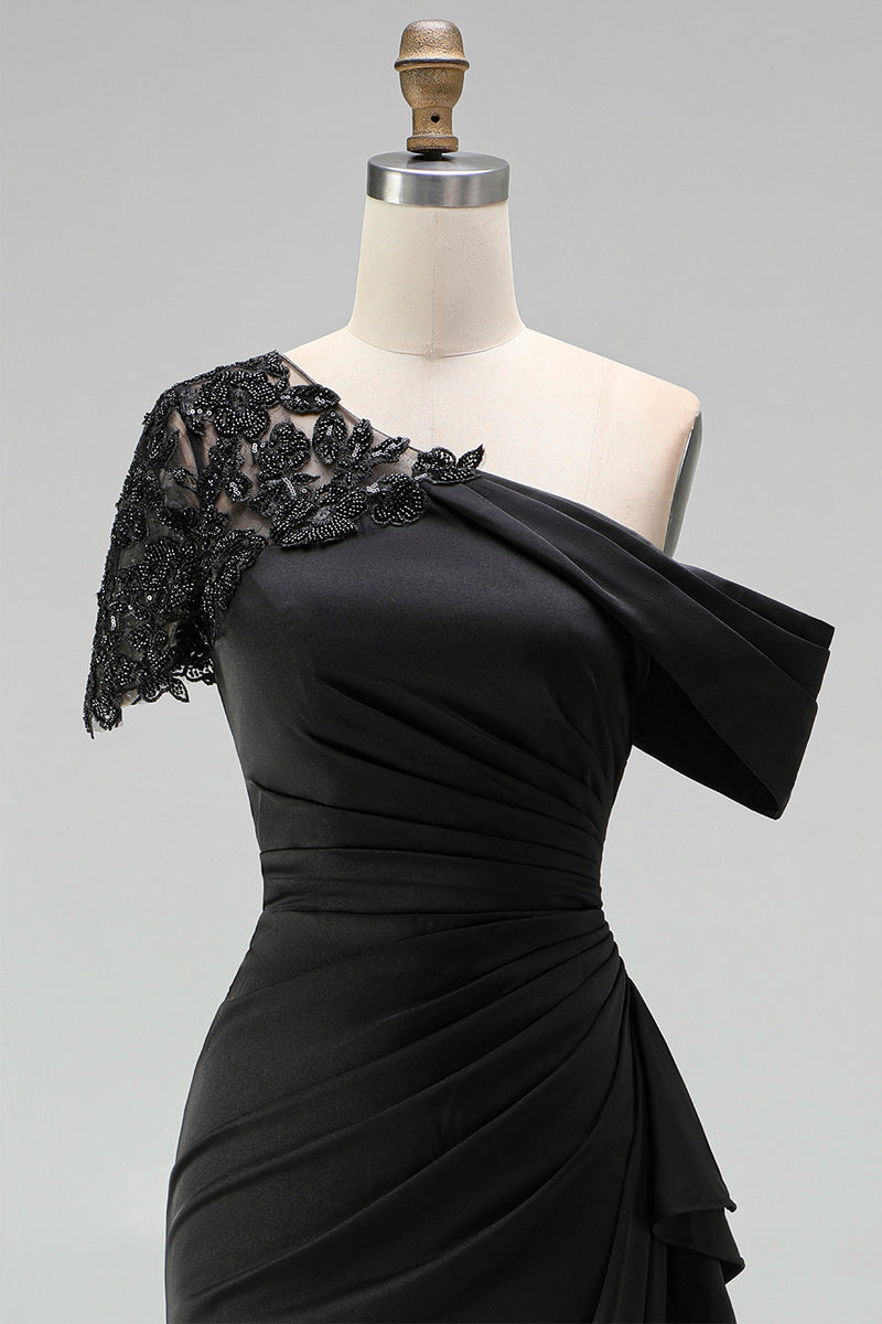 Load image into Gallery viewer, Plus Size Black One Shoulder Ruched Sheath Long Mother of the Bride Dress with Appliques