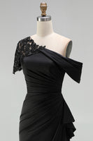 Load image into Gallery viewer, Black Sheath Ruched One Shoulder Long Mother of the Bride Dress with Appliques