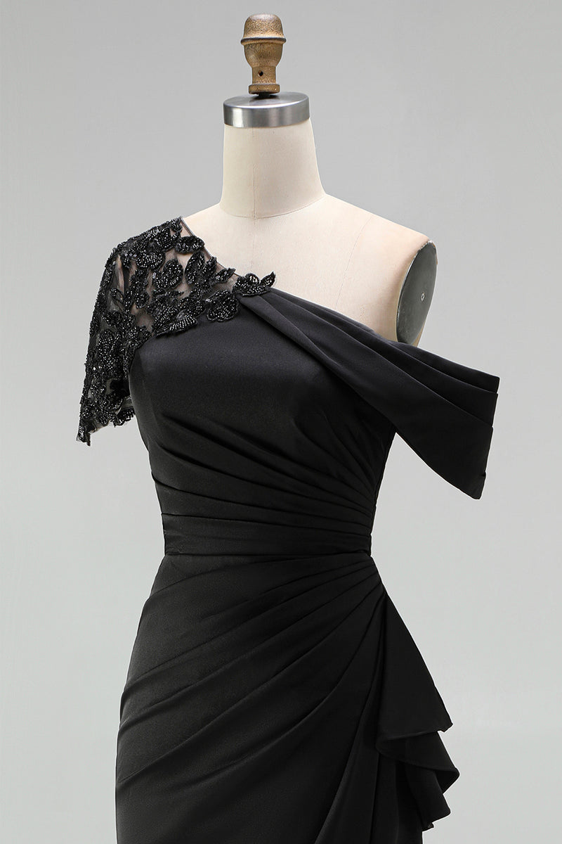 Load image into Gallery viewer, Black Sheath Ruched One Shoulder Long Mother of the Bride Dress with Appliques