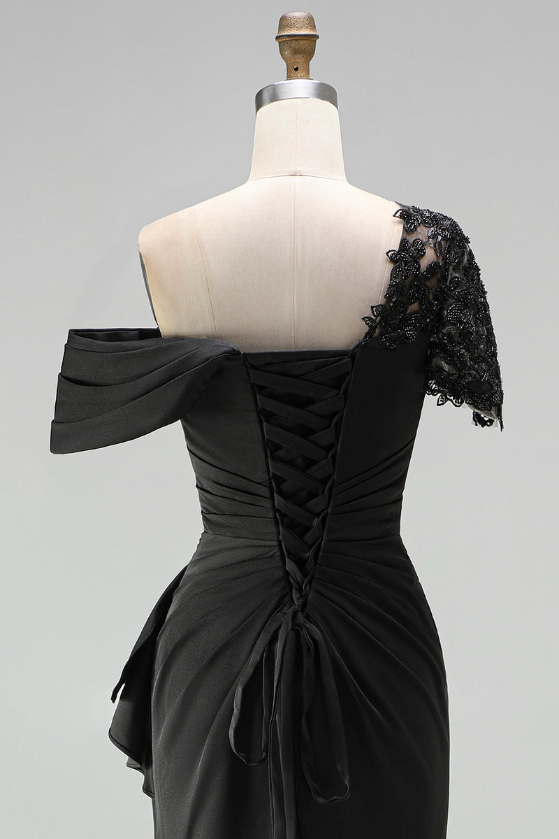 Load image into Gallery viewer, Black Sheath Ruched One Shoulder Long Mother of the Bride Dress with Appliques