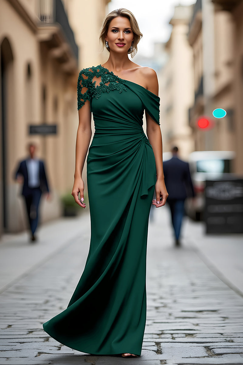 Load image into Gallery viewer, Black Sheath One Shoulder Ruched Mother of the Bride Dress with Appliques