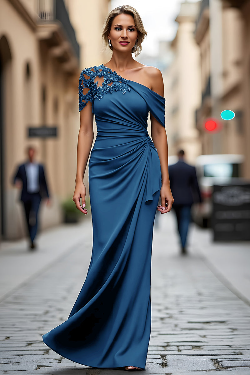 Load image into Gallery viewer, Black Sheath One Shoulder Ruched Mother of the Bride Dress with Appliques