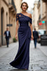 Load image into Gallery viewer, Black Sheath One Shoulder Ruched Mother of the Bride Dress with Appliques