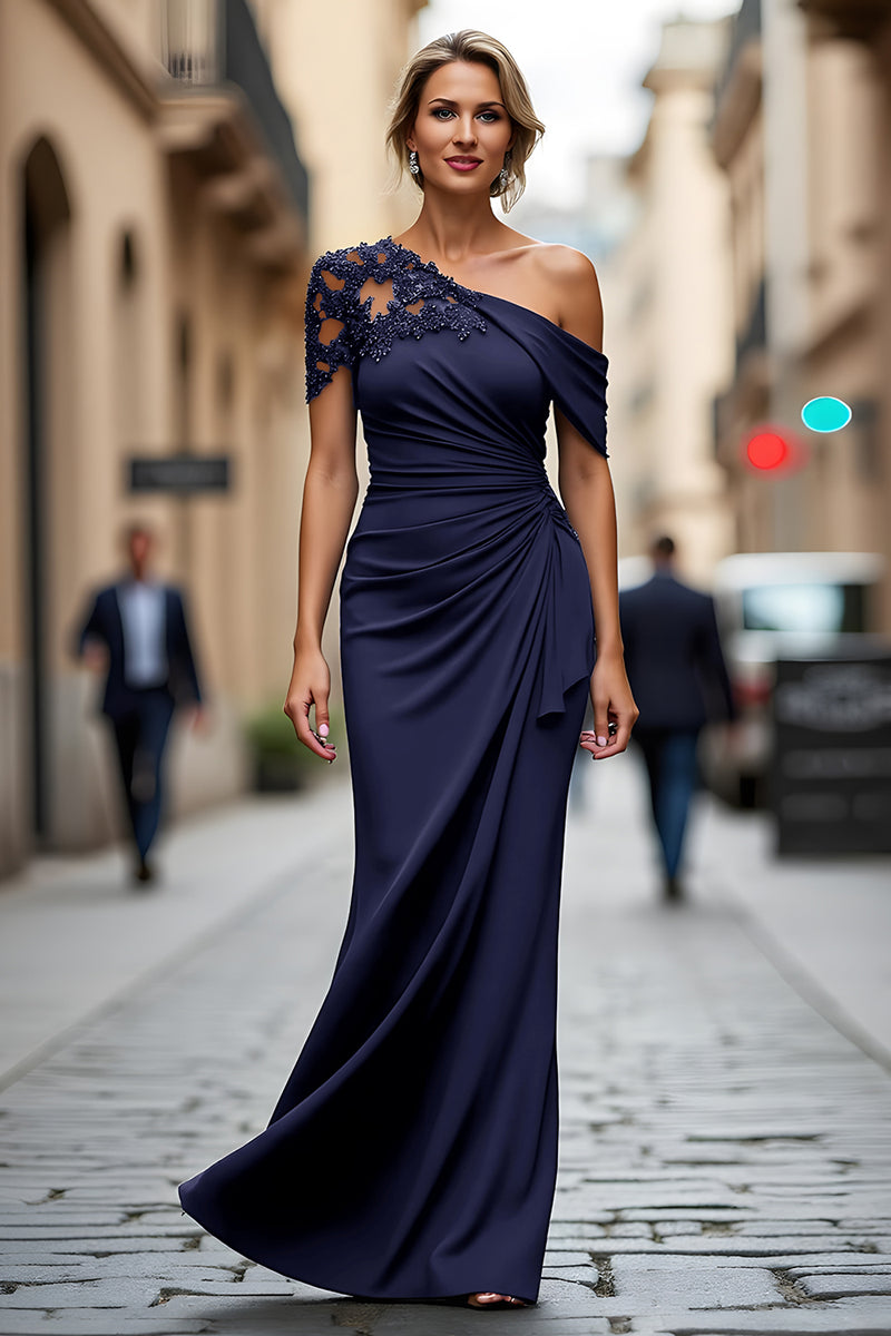 Load image into Gallery viewer, Black Sheath One Shoulder Ruched Mother of the Bride Dress with Appliques