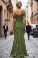 Load image into Gallery viewer, Black Sheath Ruched One Shoulder Long Mother of the Bride Dress with Appliques