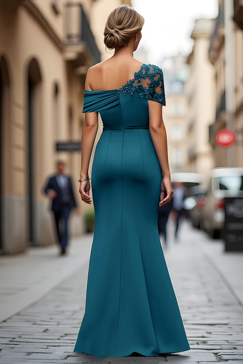 Load image into Gallery viewer, Black Sheath One Shoulder Ruched Mother of the Bride Dress with Appliques