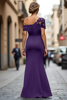 Plum One Shoulder Ruched Sheath Long Mother of the Bride Dress with Appliques