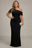 Load image into Gallery viewer, Plus Size Black One Shoulder Ruched Sheath Long Mother of the Bride Dress with Appliques