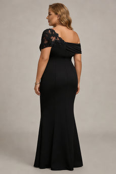 Plus Size Black One Shoulder Ruched Sheath Long Mother of the Bride Dress with Appliques