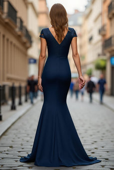Sparkly Navy Satin Mermaid V-Neck Long Mother of the Bride Dress