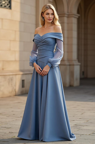A Line Dusty Blue Satin Ruched Off the Shoulder Mother of the Bride Dress