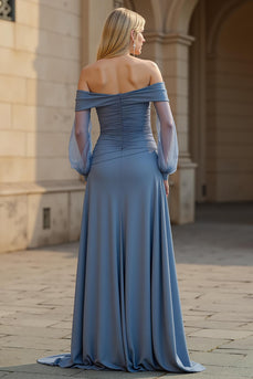 A Line Dusty Blue Satin Ruched Off the Shoulder Mother of the Bride Dress
