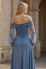 Load image into Gallery viewer, A Line Dusty Blue Satin Ruched Off the Shoulder Mother of the Bride Dress
