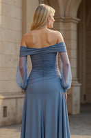 Load image into Gallery viewer, A Line Dusty Blue Satin Ruched Off the Shoulder Mother of the Bride Dress