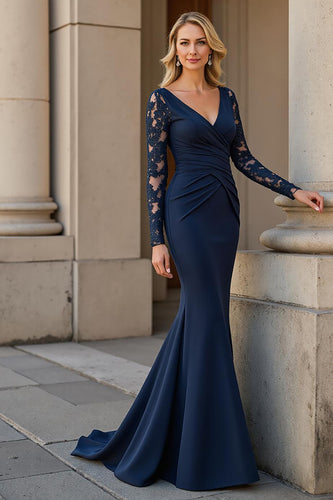 Navy Mermaid Long Sleeves Mother of the Bride Dress with Lace