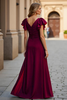 Burgundy A Line V-Neck Maxi Mother of the Bride Dress with Slit