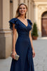 Load image into Gallery viewer, Burgundy A Line V-Neck Maxi Mother of the Bride Dress with Slit