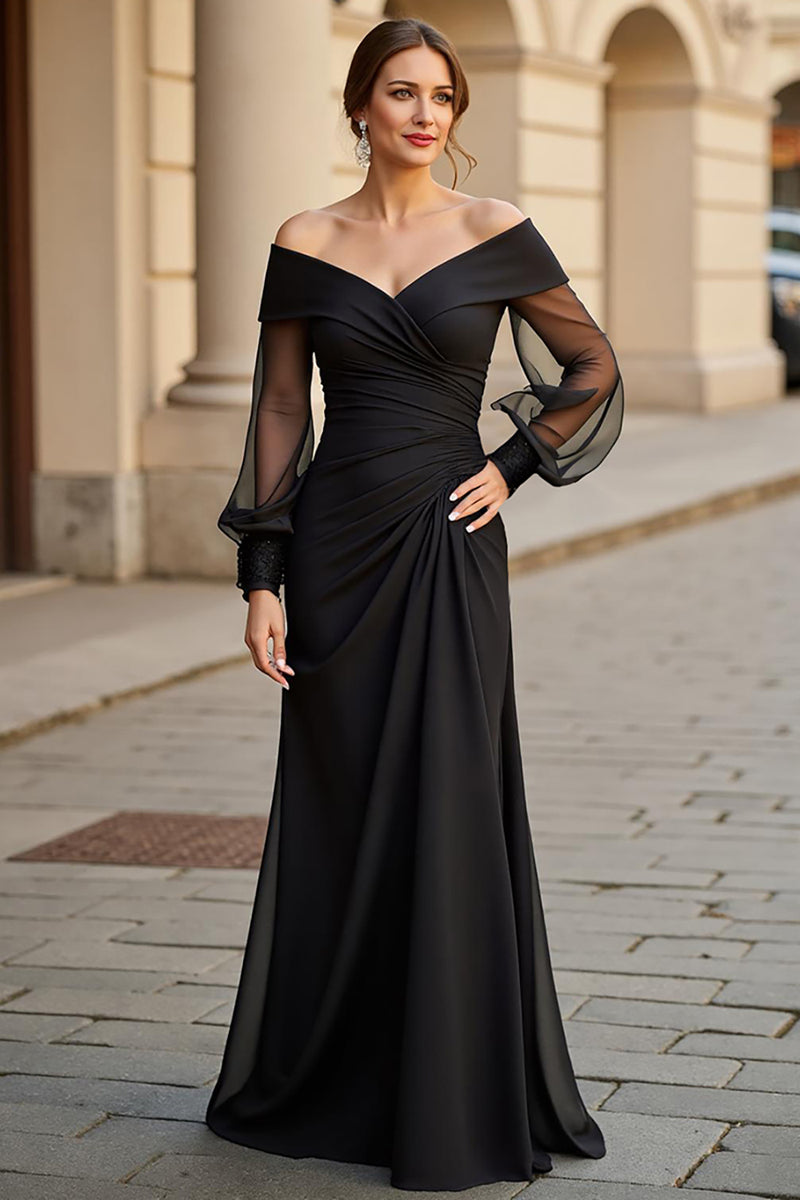 Load image into Gallery viewer, A Line Black Off the Shoulder Mother of the Bride Dress with Long Sleeves