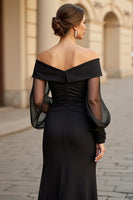 Load image into Gallery viewer, A Line Black Off the Shoulder Mother of the Bride Dress with Long Sleeves