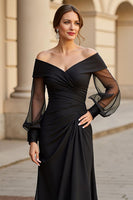 Load image into Gallery viewer, A Line Black Off the Shoulder Mother of the Bride Dress with Long Sleeves