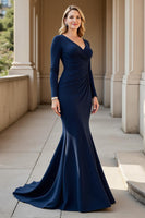 Load image into Gallery viewer, Mermaid Navy V-Neck Ruched Mother of the Bride Dress with Long Sleeves