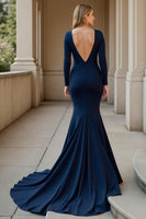 Load image into Gallery viewer, Mermaid Navy V-Neck Ruched Mother of the Bride Dress with Long Sleeves