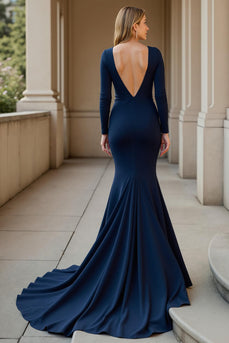 Mermaid Navy V-Neck Ruched Mother of the Bride Dress with Long Sleeves