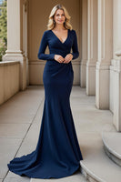 Load image into Gallery viewer, Mermaid Navy V-Neck Ruched Mother of the Bride Dress with Long Sleeves