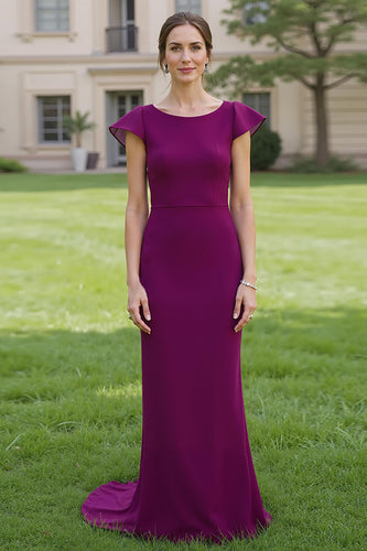 Simple Grape Sheath Satin Mother of the Bride Dress with Cap Sleeves