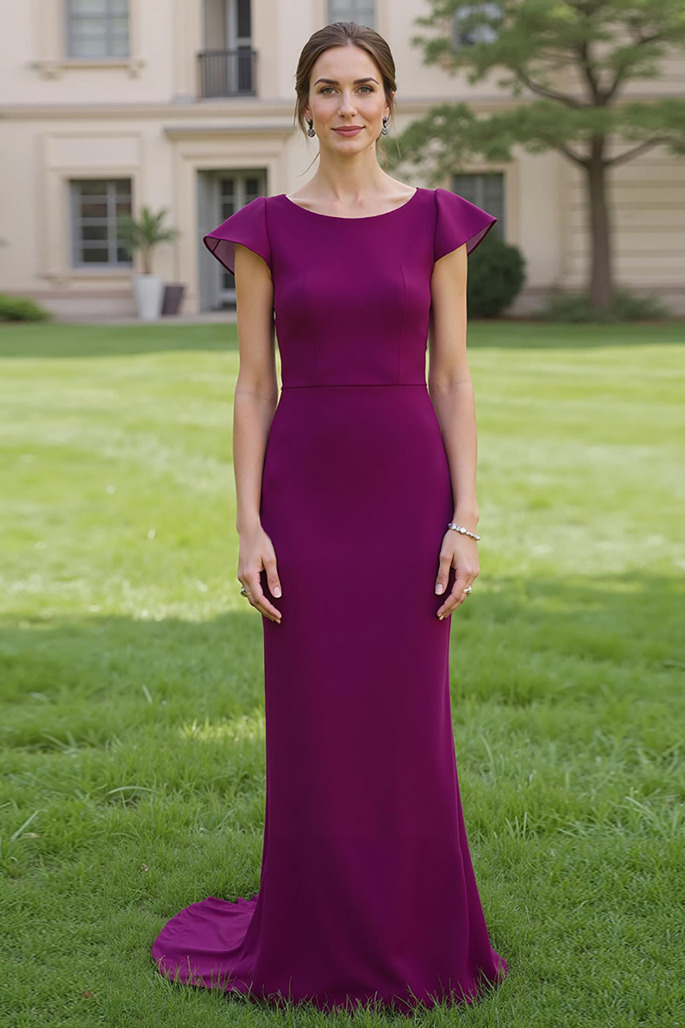 Simple Grape Sheath Satin Mother of the Bride Dress with Cap Sleeves