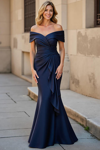 Mermaid Navy Ruched Long Mother of the Bride Dress with Ruffles