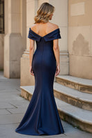 Load image into Gallery viewer, Mermaid Navy Ruched Long Mother of the Bride Dress with Ruffles