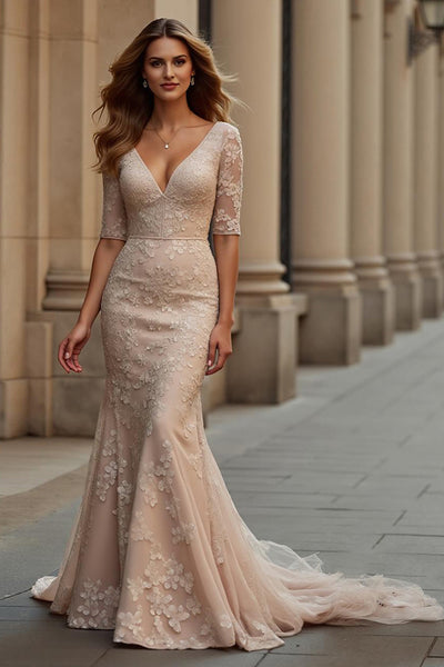 Champagne Mermaid Lace V-Neck Maxi Mother of the Bride Dress with Sleeves