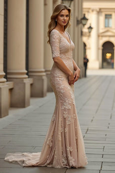 Champagne Mermaid Lace V-Neck Maxi Mother of the Bride Dress with Sleeves