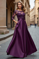 Load image into Gallery viewer, Satin Grape Illusion Boat Neck Maxi Mother of the Bride Dress with Lace
